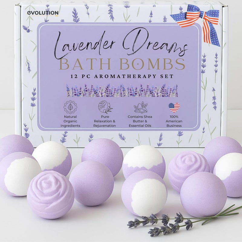 EvolutionUSA Lavender Dreams Bath Bombs for Women, 12 Organic Flower Bath Bombs, Soft Lavender Bath Bombs, Womens Bath Bombs Gift, Lush Bath Bombs for Girls, Relaxing Bathbombs, Bath Balls - Image 1